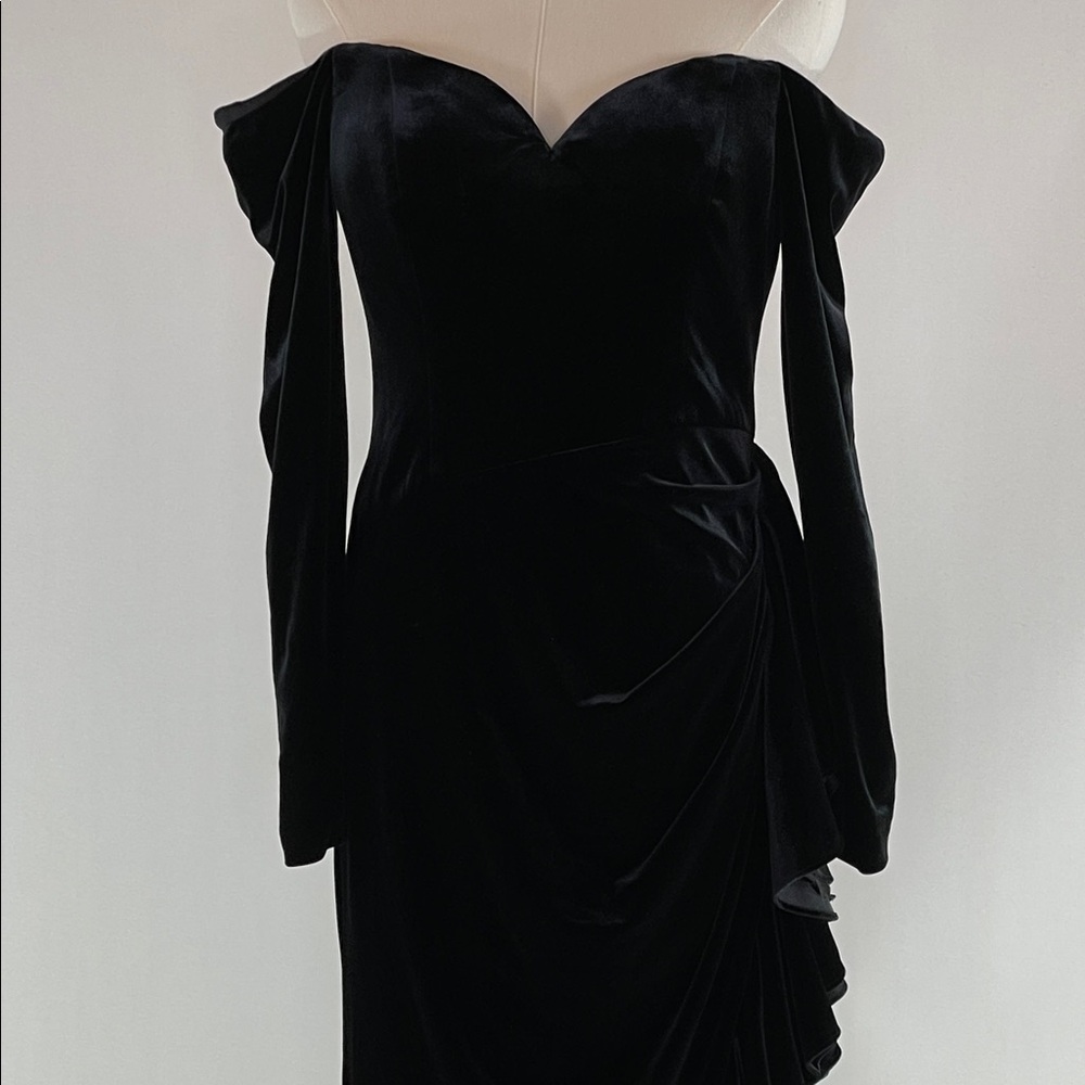 Badgley Mischka Draped Velvet Ruffle Gown, 4 - Picture 9 of 17